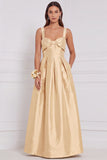 Light Blue Satin A Line Bow Long Bridesmaid Dress