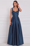 Light Blue Satin A Line Bow Long Bridesmaid Dress