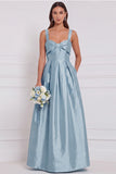Light Blue Satin A Line Bow Long Bridesmaid Dress