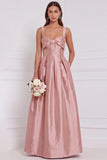 Light Blue Satin A Line Bow Long Bridesmaid Dress