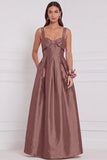 Light Blue Satin A Line Bow Long Bridesmaid Dress