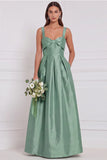 Light Blue Satin A Line Bow Long Bridesmaid Dress