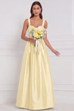 Light Blue Satin A Line Bow Long Bridesmaid Dress