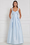 Light Blue Satin A Line Bow Long Bridesmaid Dress