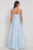 Light Blue Satin A Line Bow Long Bridesmaid Dress
