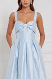 Light Blue Satin A Line Bow Long Bridesmaid Dress