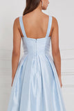 Light Blue Satin A Line Bow Long Bridesmaid Dress
