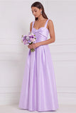 Light Blue Satin A Line Bow Long Bridesmaid Dress