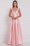 Light Blue Satin A Line Bow Long Bridesmaid Dress