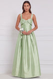 Light Blue Satin A Line Bow Long Bridesmaid Dress