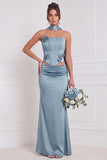 Sage Green 2 Piece Strapless 3D Flower Corset Bridesmaid Dress with Scarf