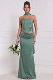 Sage Green 2 Piece Strapless 3D Flower Corset Bridesmaid Dress with Scarf