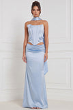 Sage Green 2 Piece Strapless 3D Flower Corset Bridesmaid Dress with Scarf