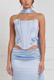 Sage Green 2 Piece Strapless 3D Flower Corset Bridesmaid Dress with Scarf