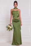 Sage Green 2 Piece Strapless 3D Flower Corset Bridesmaid Dress with Scarf