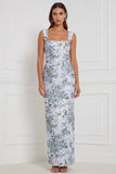 Dusty Blue Floral Square Neck Sheath Bridesmaid Dress with Slit
