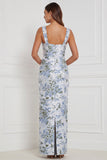 Dusty Blue Floral Square Neck Sheath Bridesmaid Dress with Slit