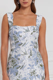 Dusty Blue Floral Square Neck Sheath Bridesmaid Dress with Slit