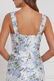 Dusty Blue Floral Square Neck Sheath Bridesmaid Dress with Slit