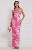 Dusty Blue Floral Square Neck Sheath Bridesmaid Dress with Slit