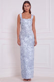 Dusty Blue Floral Square Neck Sheath Bridesmaid Dress with Slit
