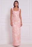 Dusty Blue Floral Square Neck Sheath Bridesmaid Dress with Slit