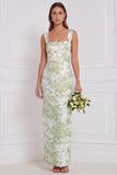 Dusty Blue Floral Square Neck Sheath Bridesmaid Dress with Slit