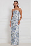 Strapless Fuchsia Sheath Floral Bridesmaid Dress with Back Bow