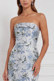 Strapless Fuchsia Sheath Floral Bridesmaid Dress with Back Bow