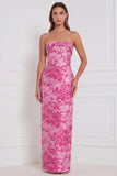 Strapless Fuchsia Sheath Floral Bridesmaid Dress with Back Bow