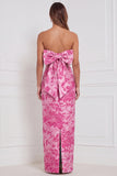 Strapless Fuchsia Sheath Floral Bridesmaid Dress with Back Bow