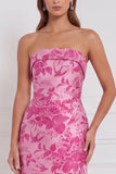 Strapless Fuchsia Sheath Floral Bridesmaid Dress with Back Bow