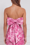 Strapless Fuchsia Sheath Floral Bridesmaid Dress with Back Bow
