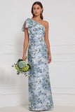 One Shoulder Dusty Blue Floral Sheath Long Bridesmaid Dress