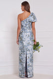One Shoulder Dusty Blue Floral Sheath Long Bridesmaid Dress