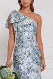 One Shoulder Dusty Blue Floral Sheath Long Bridesmaid Dress