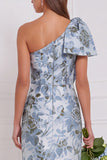One Shoulder Dusty Blue Floral Sheath Long Bridesmaid Dress