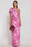 One Shoulder Dusty Blue Floral Sheath Long Bridesmaid Dress