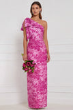 One Shoulder Dusty Blue Floral Sheath Long Bridesmaid Dress