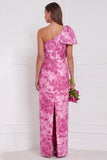 One Shoulder Dusty Blue Floral Sheath Long Bridesmaid Dress