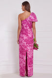 One Shoulder Dusty Blue Floral Sheath Long Bridesmaid Dress