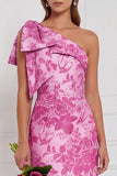 One Shoulder Dusty Blue Floral Sheath Long Bridesmaid Dress