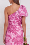 One Shoulder Dusty Blue Floral Sheath Long Bridesmaid Dress