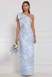 One Shoulder Dusty Blue Floral Sheath Long Bridesmaid Dress