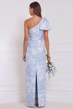 One Shoulder Dusty Blue Floral Sheath Long Bridesmaid Dress