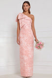 One Shoulder Dusty Blue Floral Sheath Long Bridesmaid Dress