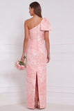 One Shoulder Dusty Blue Floral Sheath Long Bridesmaid Dress