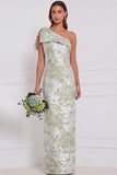 One Shoulder Dusty Blue Floral Sheath Long Bridesmaid Dress