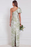 One Shoulder Dusty Blue Floral Sheath Long Bridesmaid Dress