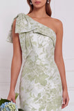 One Shoulder Dusty Blue Floral Sheath Long Bridesmaid Dress